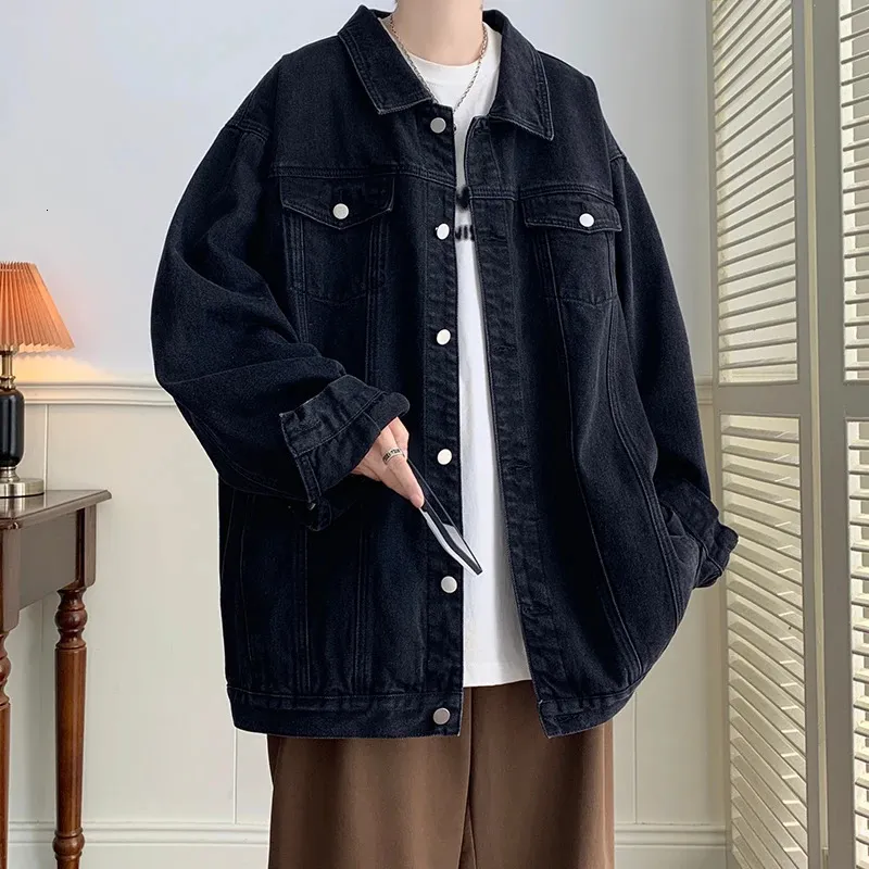 Plus storlek 5xl-m svart denimjacka herrar stänger av krage jeans rockar multi-fockets overall streetwear löst casual män kläder240226