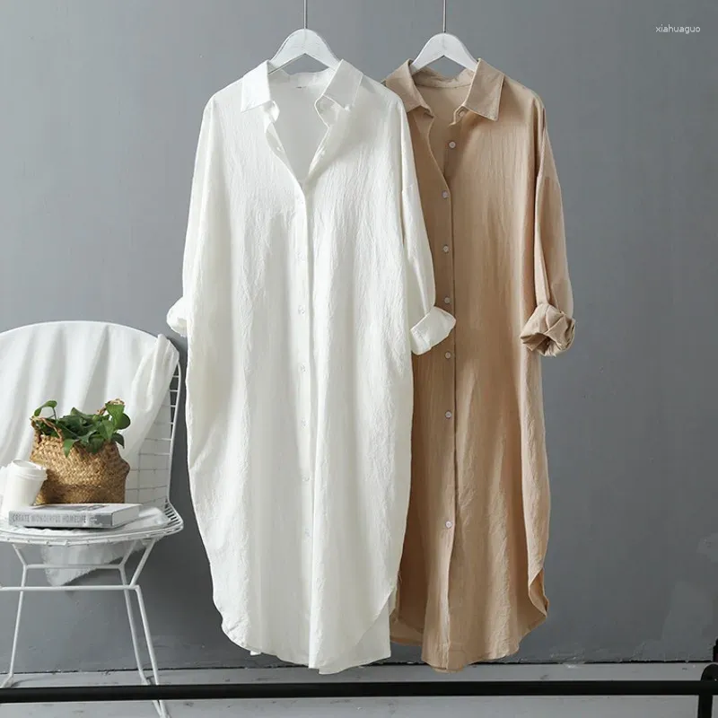Blusas femininas 2024 primavera roupas coreanas verão vintage linho algodão meados de comprimento camisa branca vestido para mulheres chiques topos