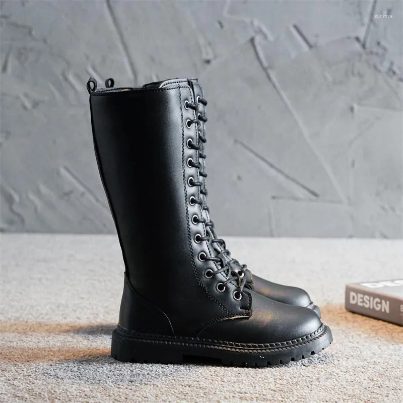 Botas menina inverno joelho-alto laço-up estilo punk crianças bota zíper preto branco 27-37 couro pu elegante all-match crianças sapatos