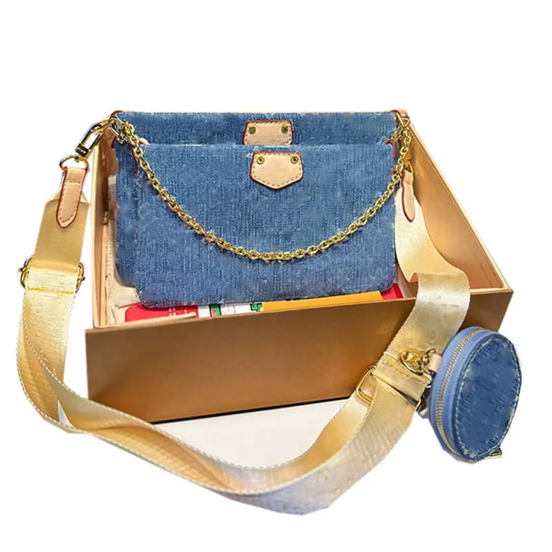 Designer Blue Denim Multi Pochette Accessoires Liten axelväska