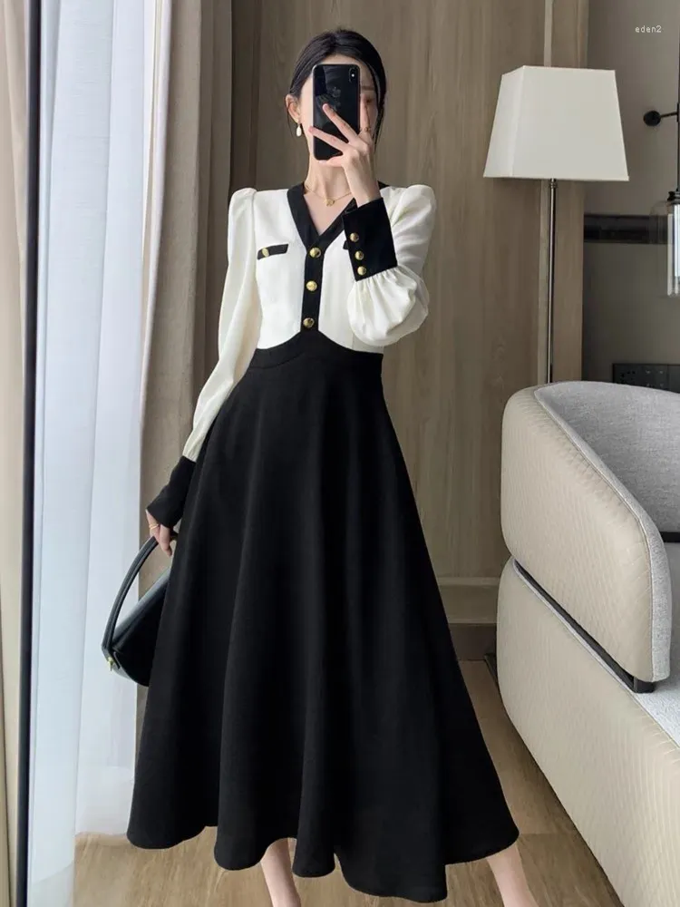 Casual Dresses Elegant Midi Dress Women Long Sleeve Patchwork Slim A-Line V-Neck Office Lady Fashion Clothing Spring Autumn Robe