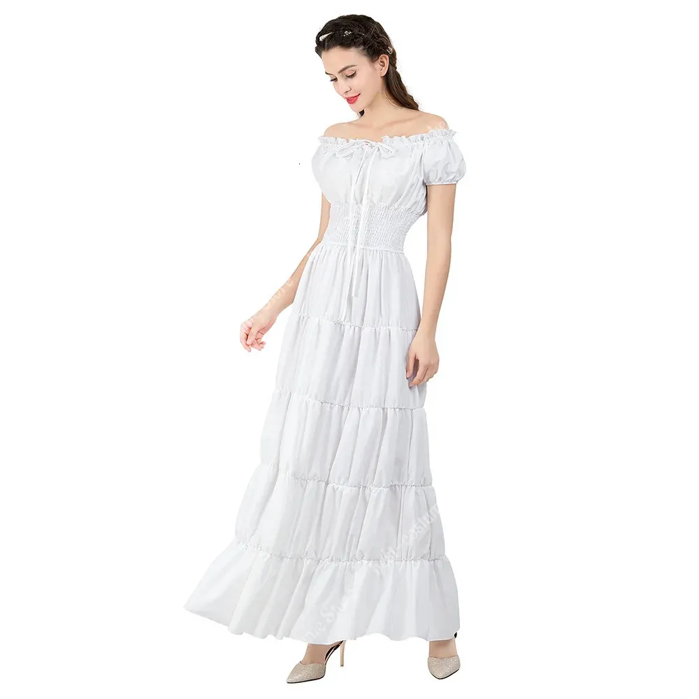 Ortaçağ elbisesi omuz Victoria İrlandalı Elbiseler Kadınlar İçin Avrupa Giysileri Beyaz Elastik Bel Uzun Elbise Zarif 240220