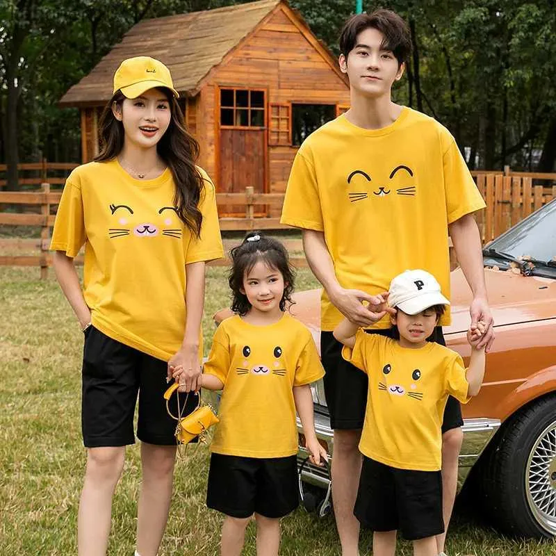 Família combinando roupas mãe pai criança família combinando roupas dos desenhos animados bonito gato rosto impressão amarelo verão moda solta manga curta camiseta camiseta topo
