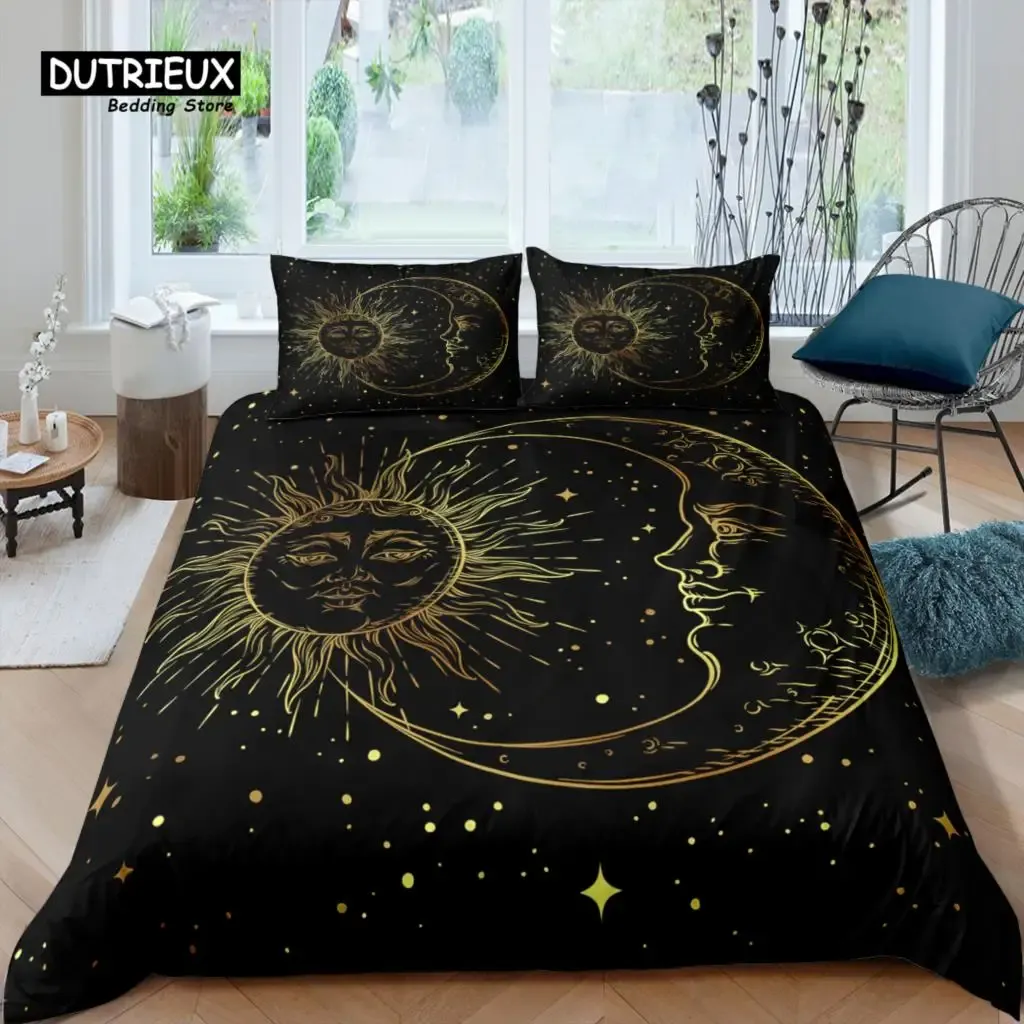 Conjunto de luxo em casa Luxo 3D Sun and Moon Bedding Set Duvet Capa Conjunto de travesseiros Crianças Conjunto de roupas de cama Rainha e King UE/EUA/Au/Tamanho Reino Unido Cortinas