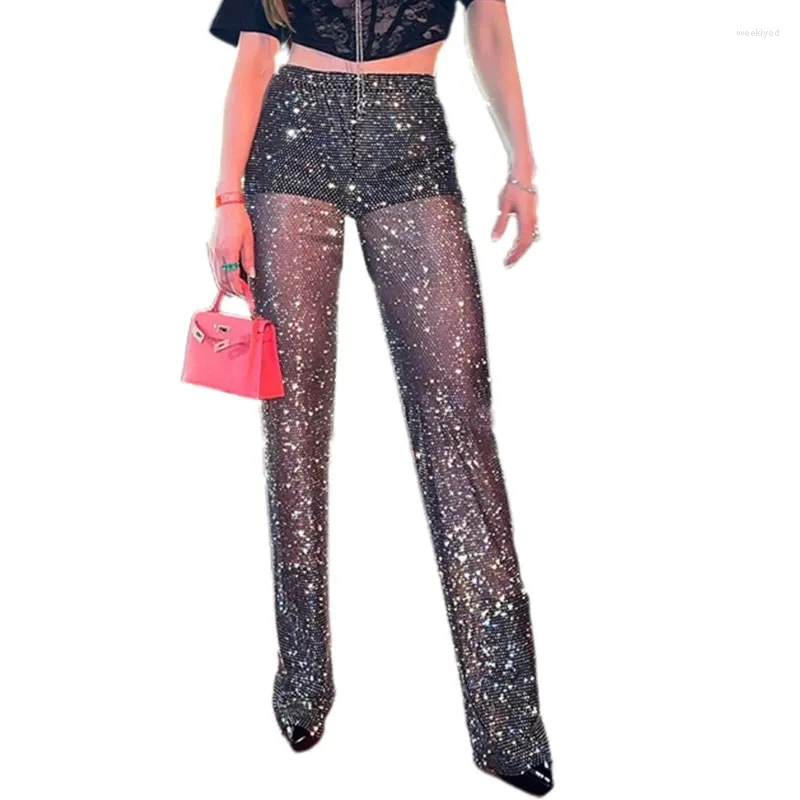 Pantaloni da donna Pantaloni da donna sexy trasparenti trasparenti elastici a vita alta con glitter brillanti Pantaloni a rete a gamba larga Cover Up Party Dance Clubwear