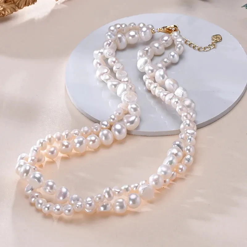 Натуральный пресноводный жемчуг, двухслойное ожерелье из бисера в форме барокко, цепочка из стерлингового серебра S925, элегантные ювелирные изделия, подарки для женщин 240220