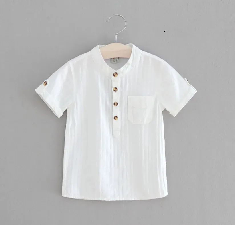 Sıradan Erkek Gömlek Bebek Çocuklar Pamuk Kısa Kollu Bluz Yaz Çocuklar Erkekler Beyaz Gömlek Stand Yakası Yakışıklı Tops 240219