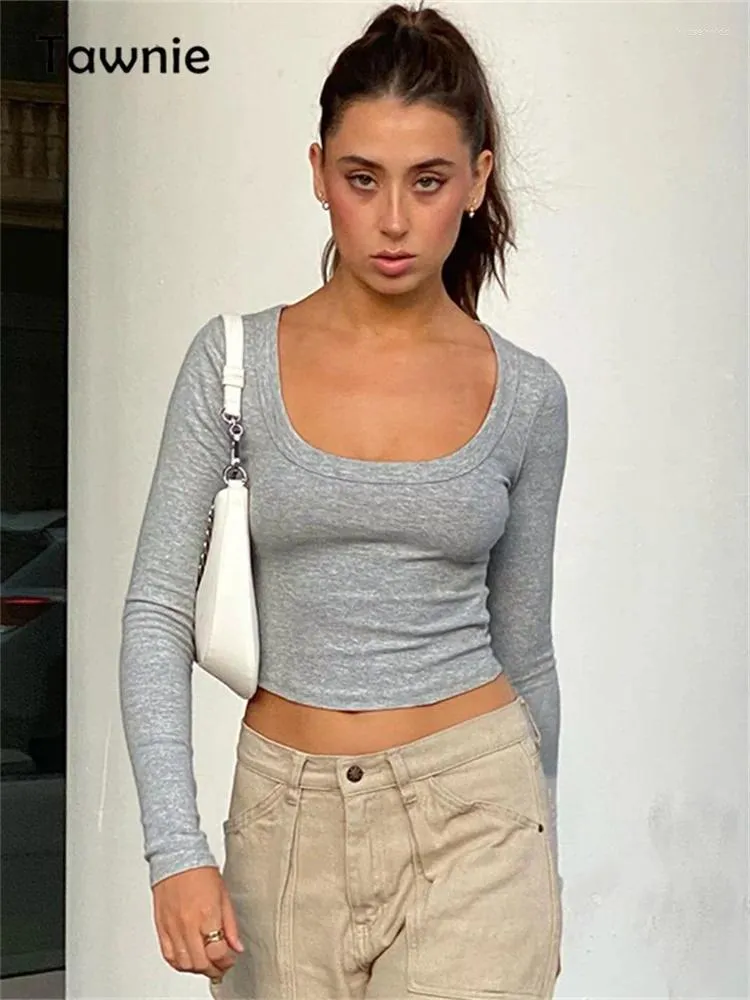 Kvinnors T -skjortor Tawnie Casual Grey U Neck Long Sleeve Solid Women Crop Top 2024 Autumn Summer Sexig Slim Tank Basic Fashion Street