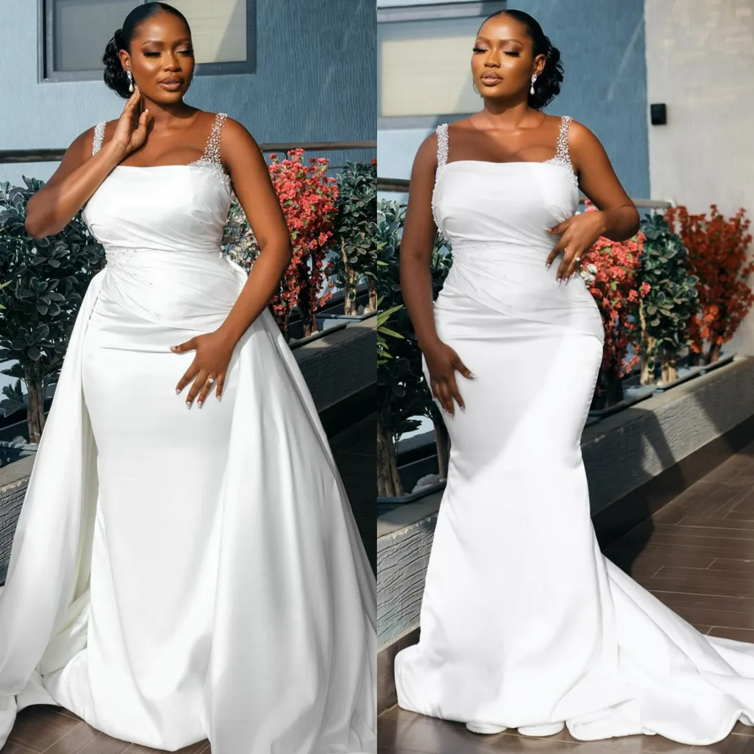 Aso Ebi Mermaid Wedding Dress for Bride Plus Size Bridal Gowns with Detachable Train Sheer Neck Beaded Pearls Pleated Ruffles Marriage Dress for Black Girls NW125