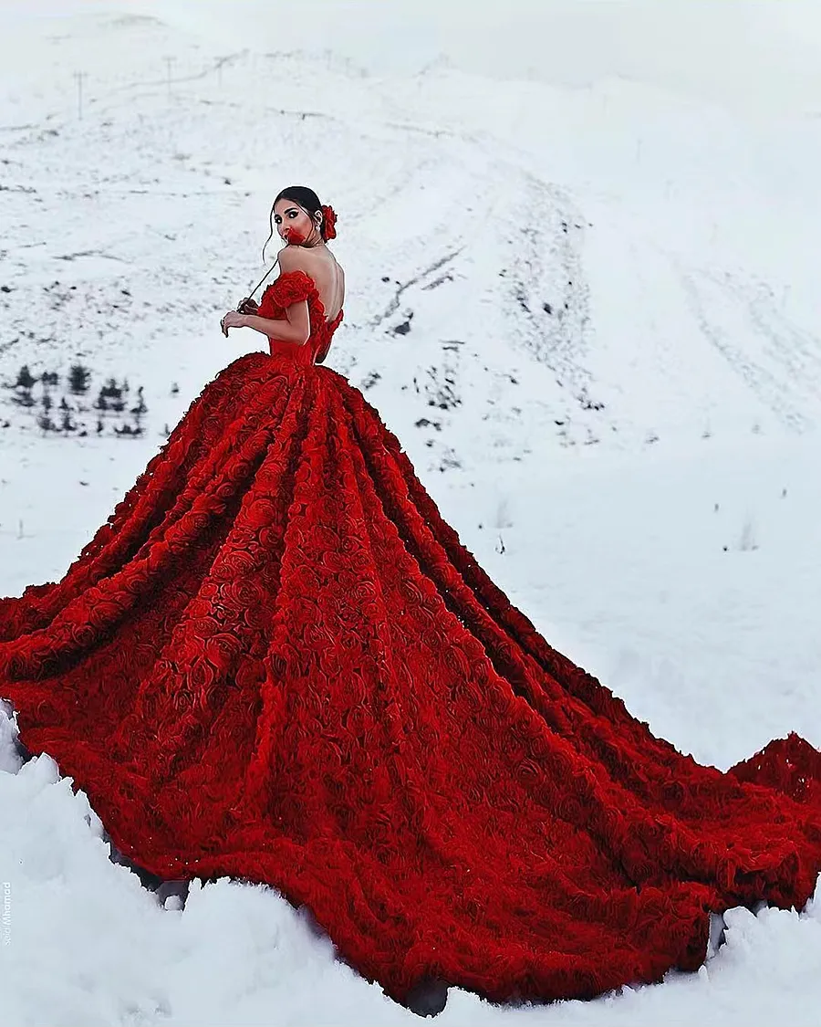Dark Red 3D Flower Red Gown for Wedding with Cathedral Train and Off-Shoulder Backless