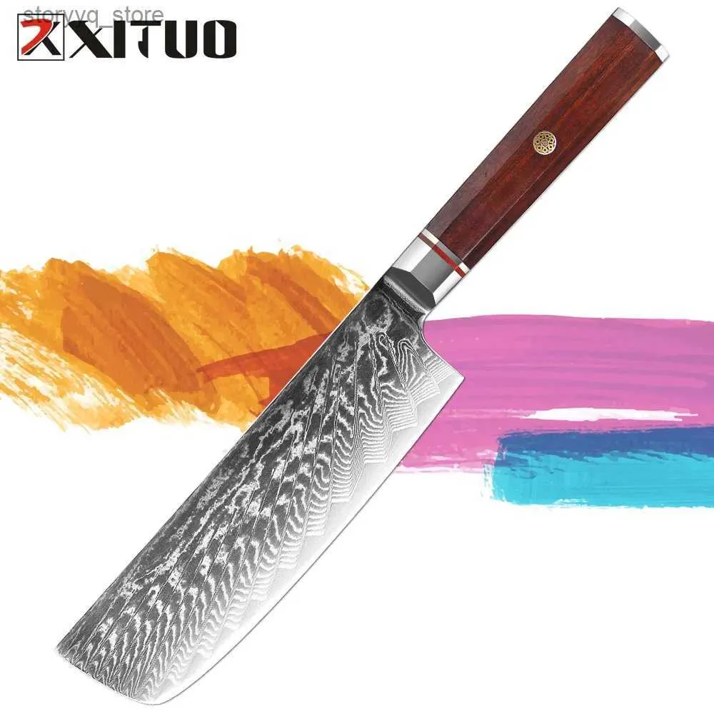 Coltelli da cucina Coltello giapponese in acciaio di Damasco Coltelli Nakiri Coltello per verdure affilato come un rasoio Coltello da cucina asiatico multiuso da 7 pollici Mannaia affilata Q240226