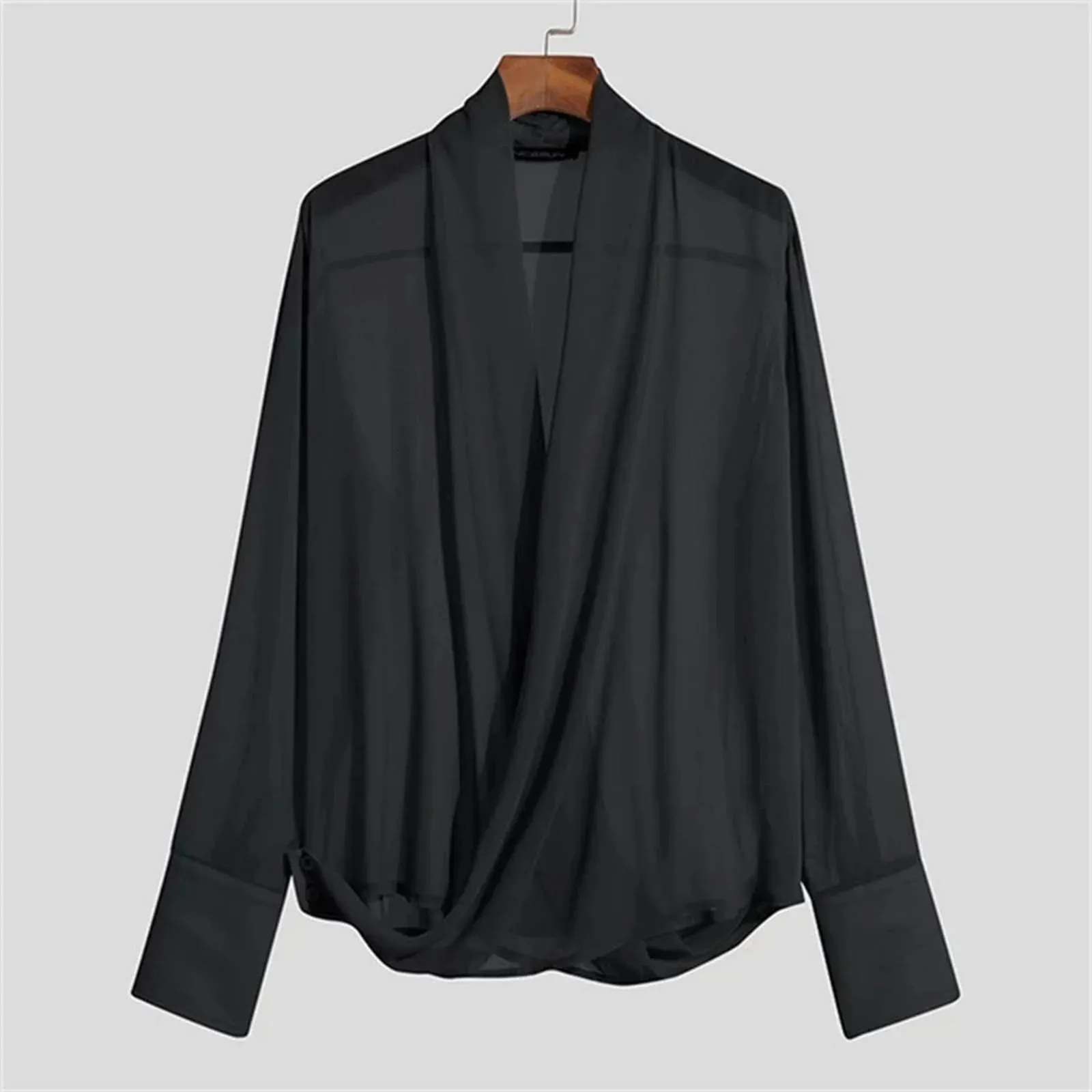 Men skjorta mesh transparent cross v hals långärmad streetwear genomskinlig camisas casual tunna svarta skjortor klubbfestklänning 240219