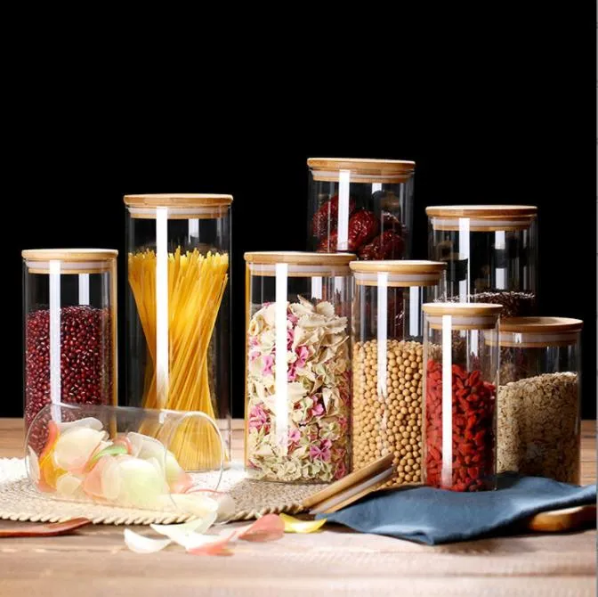 Quadratische Vorratsdosen aus Glas mit Bambusdeckel für Kaffeebohnen, Getreide, Nudeln, Lebensmittel, Vorratsbehälter, Küchenorganisatoren