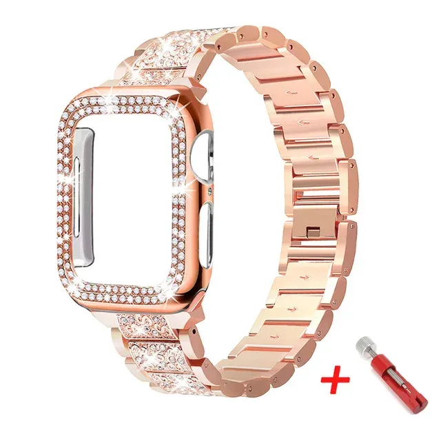 Chain Diamond Case+strap for iwatch band 41mm 45mm 44mm 40mm 42mm 38mm Stainless Steel bracelet correa apple watch 7 6 5 4 3 2