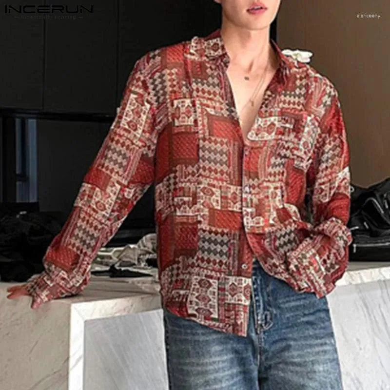 Camicie casual da uomo 2024 camicia da uomo stampa bavero manica lunga chiffon allentato abbigliamento streetwear trasparente vacanza S-5XL INCERUN