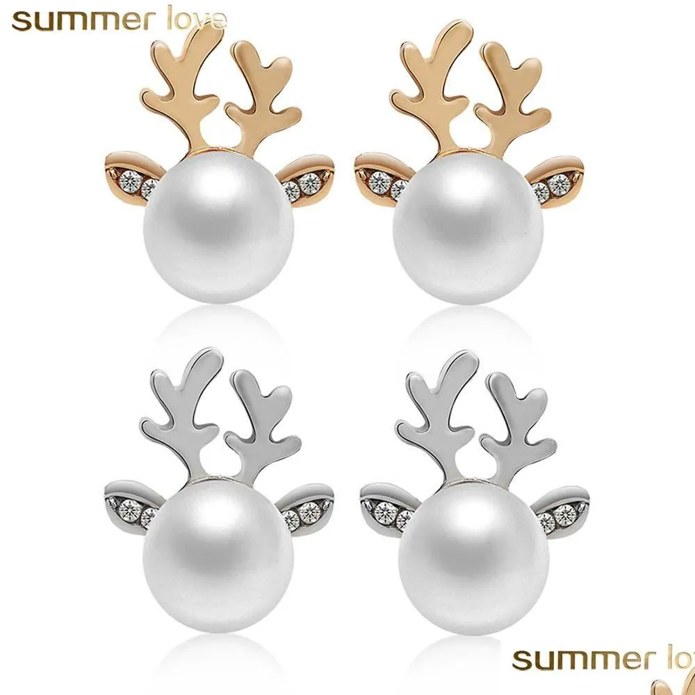 Stud High Quality Reindeer Pearl Christmas Earrings For Kids Women Rhinestone Inlay Lovely Stud Jewelry Gift Drop Delivery J Dhgarden Dh195