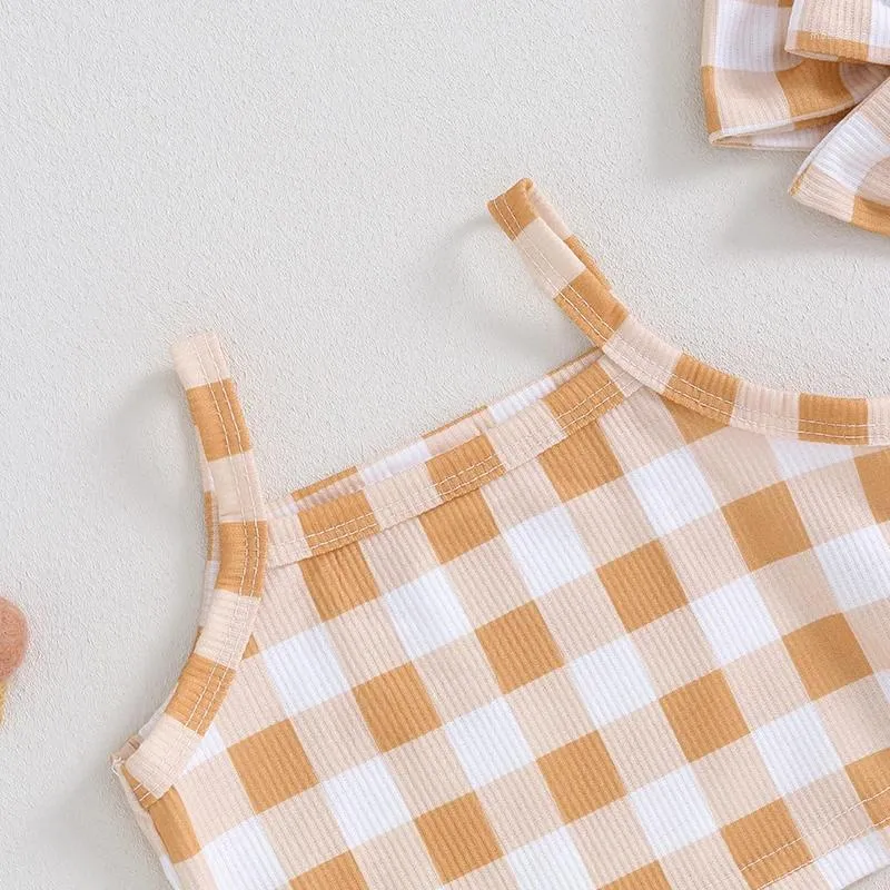 衣料品セット生まれの幼児の女の赤ちゃんの夏の服リブ柄の格子縞のノースリーブ・キャミトップブルマショーツヘッドバンドセットシックな服3PCS
