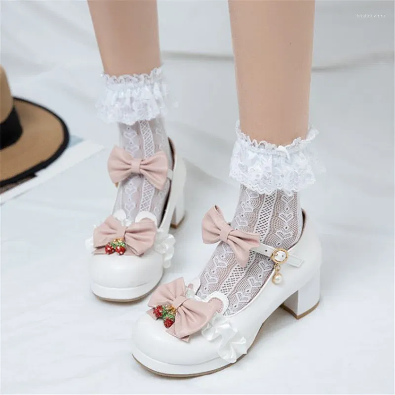 Dress Shoes PXELENA Lovely Women Wedding Lolita White Pink Large Size 34-48 Bow Knot Ruffles Strawberry Cosplay JK LO Mary Janes