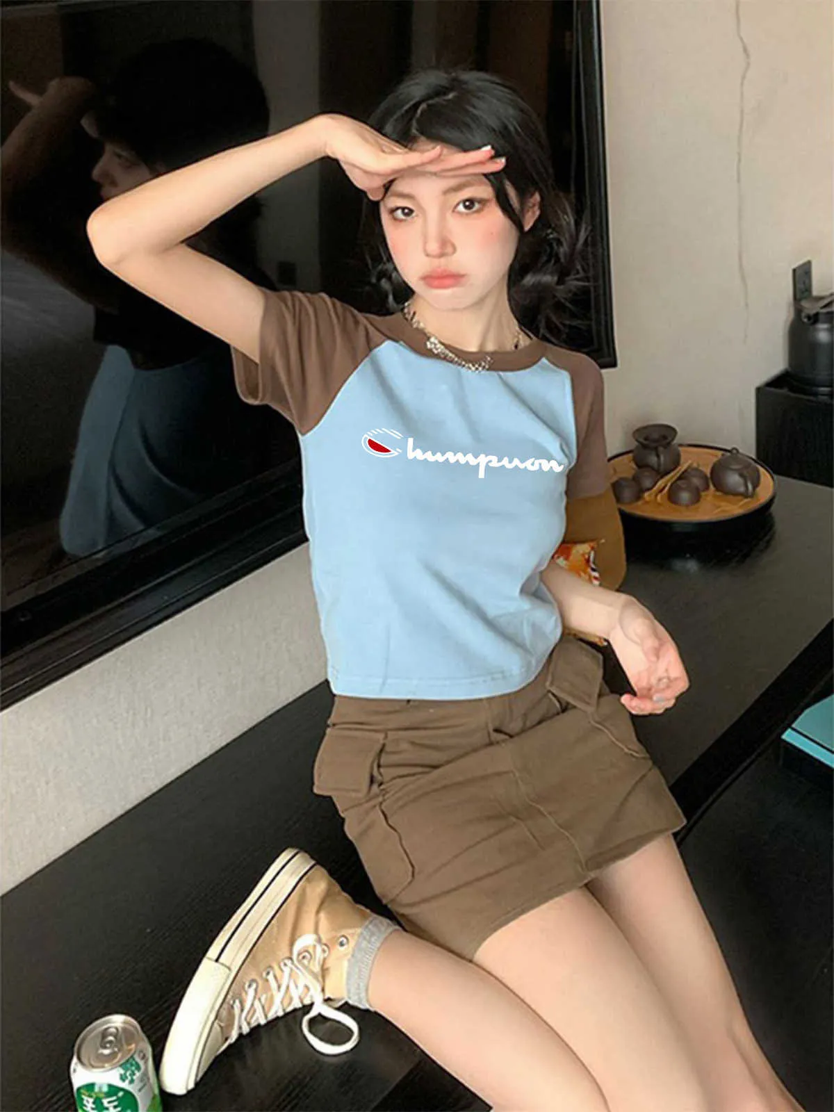 Campeão de verão japonês cor bloqueada raglan manga curta feminina slim fit com umbigo exposto sexy marca da moda puro algodão curto doce legal camisa inferior