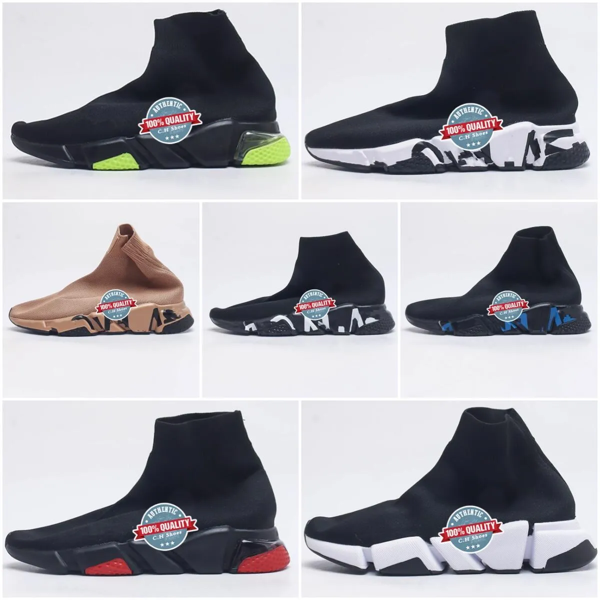 Top Designer sock shoes men women Graffiti White Black Red Beige Pink Clear Sole Lace-up Neon luxury socks speed runner trainers flat platform sneakers casual shoes