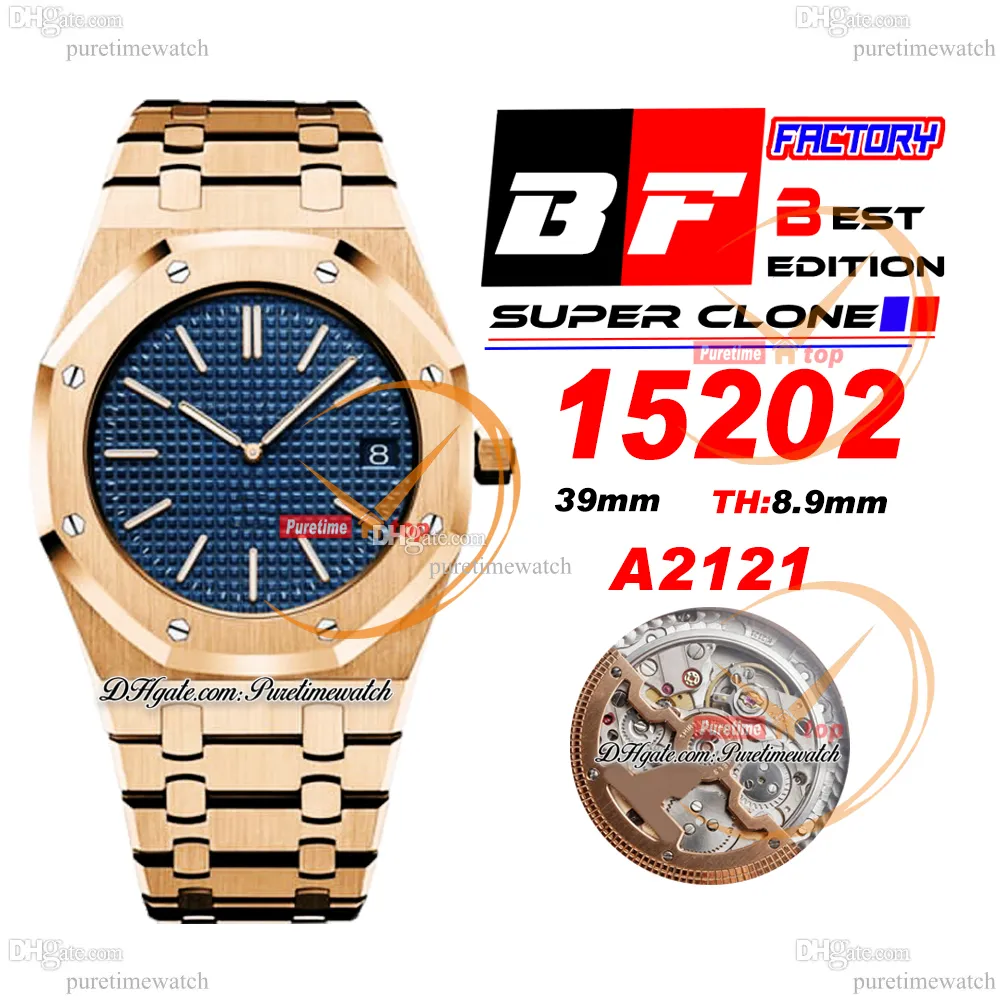 BF 1520 Jumbo Extra-mince 39 mm Or rose 18 carats Index bleu Grande Tapisserie Cadran Stick A2121 Montre automatique pour homme Bracelet en acier inoxydable Super Edition Puretimewatch