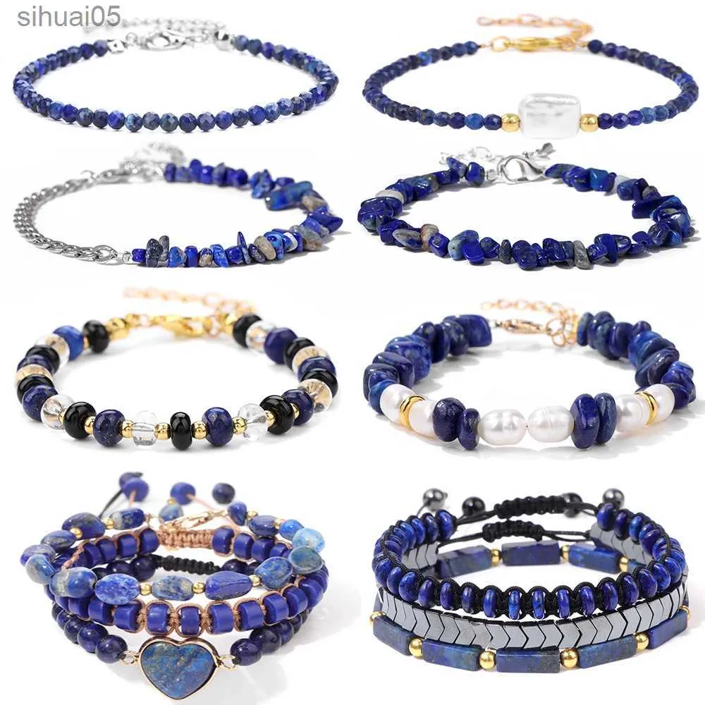 Bärade lapis lazuli pärlstav armband blå natursten charm armband justerbar medling läkande armband smycken gåvor för kvinnor män yq240226