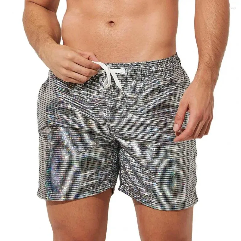 Shorts masculinos com estampa metálica, calças de praia soltas com cordão, secagem rápida, academia para fitness