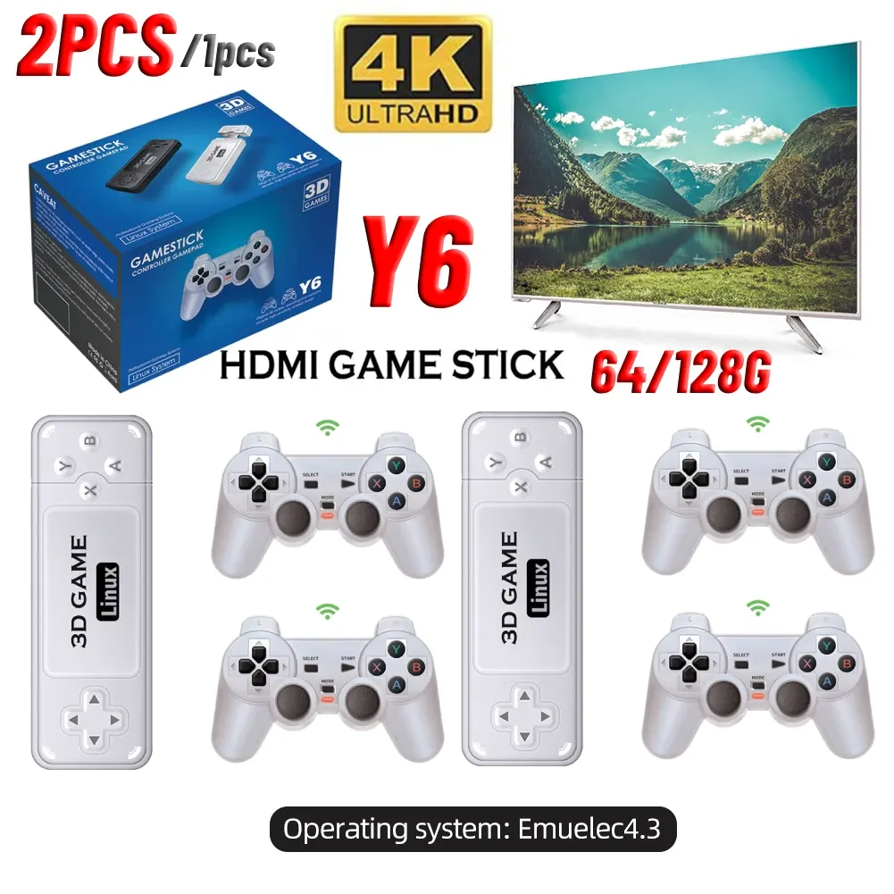 Konsoler Y6 Videospelkonsol 64/128G Wireless Game TV Stick Retro Video Game Console 10000+ Games Emuelec4.3 4K HD TV Game Stick