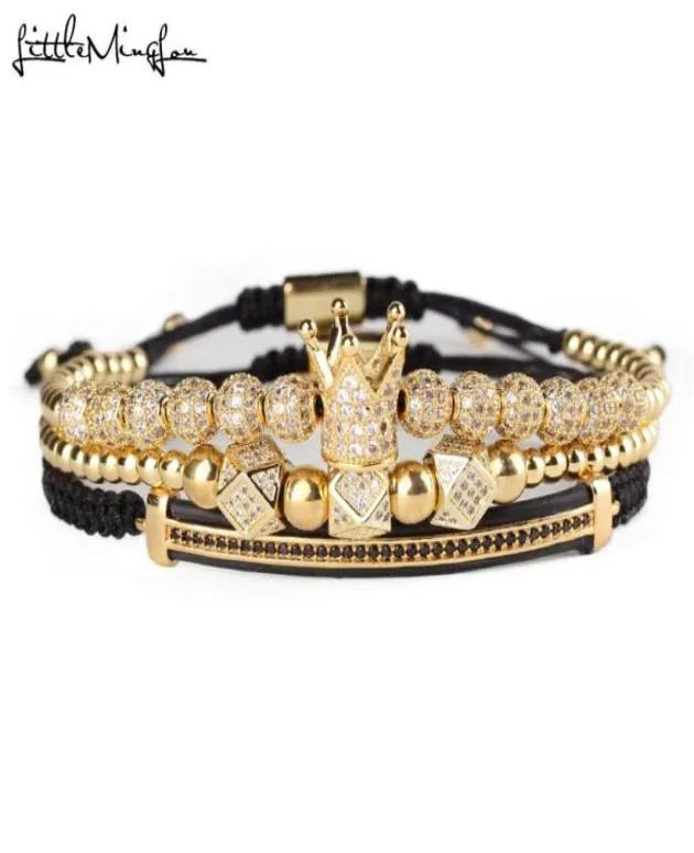 3 pçsset ouro luxo cz coroa charme contas pulseira pilhas artesanal macrame masculino pulseiras pulseiras para homens jóias acessórios j191677635308