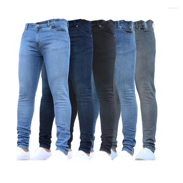 Jeans masculinos homens lápis calças cor sólida meados cintura magro ajuste bolsos leve estiramento primavera 2024 tornozelo comprimento denim casual zíper