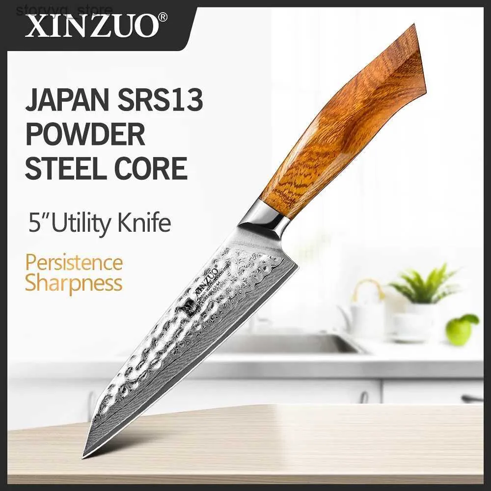 Kök Knivar Xinzuo 5 Utility Knife Japan VG10 Powder SRS13/R2/SG2 Damaskus Steel Kitchen Knives 62-64 Stark hårdhet Högkvalitativ handtag Q240226