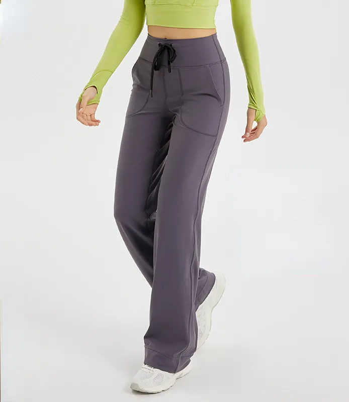 Pantaloni da yoga larghi nudi, vestiti da yoga da donna, tubo dritto, vita alta, pantaloni per il tempo libero, pantaloni da esercizio con coulisse.