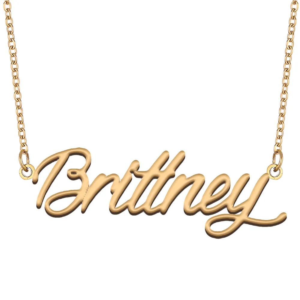 Brittney nome colar de ouro feminino personalizado placa de identificação colar letras fonte de aço inoxidável pingente personalizado placa de identificação colares, NL-2405