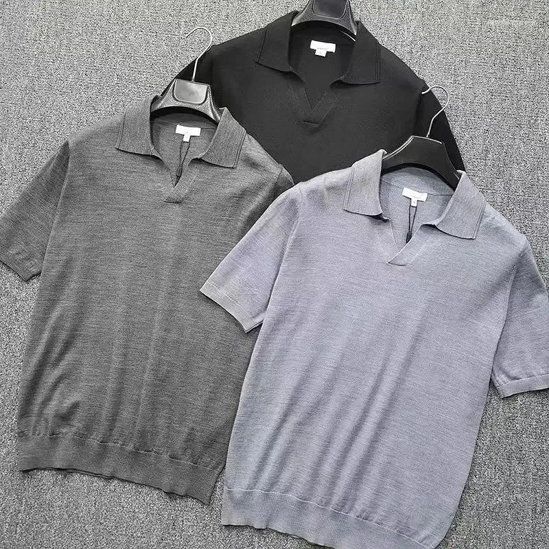 Erkek Polos 2024 İndirim Yüksek Kaliteli Ultra Fine Merino Yün İlkbahar Yaz İşi V Boyun Kısa Kollu Polo T-Shirt Üstler Tees