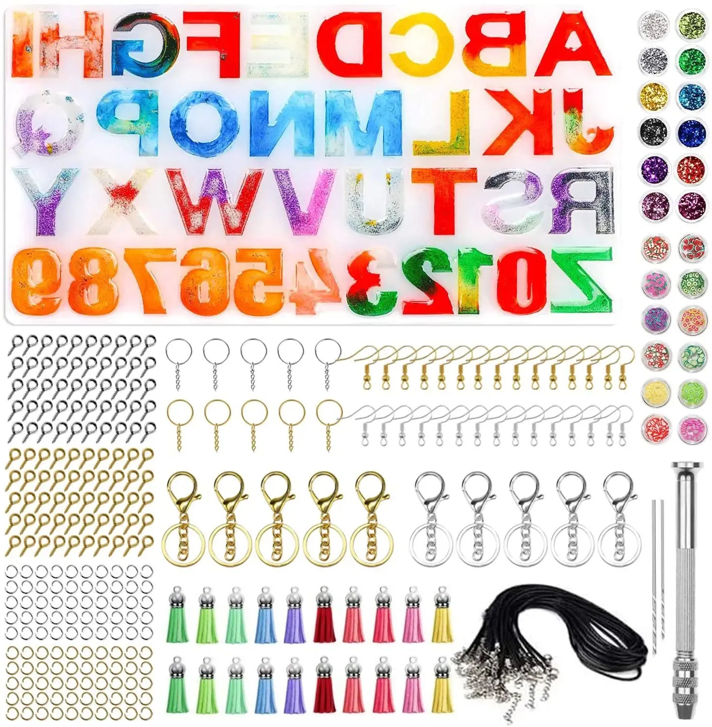 Necklaces 308 Pcs Silicone Letter Jewelry Pendant Mold Epoxy Epoxy Resin Casting Mold Set Keychain Tassel and Various Diy Accessories