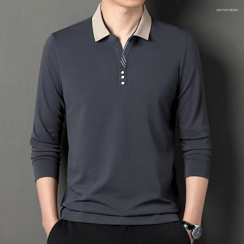 Men's Polos 2024 Turn-down Collar Clothing Spring Autumn Pullover Tees Button Long Sleeve Business Casual Polo T-shirt Solid Tops