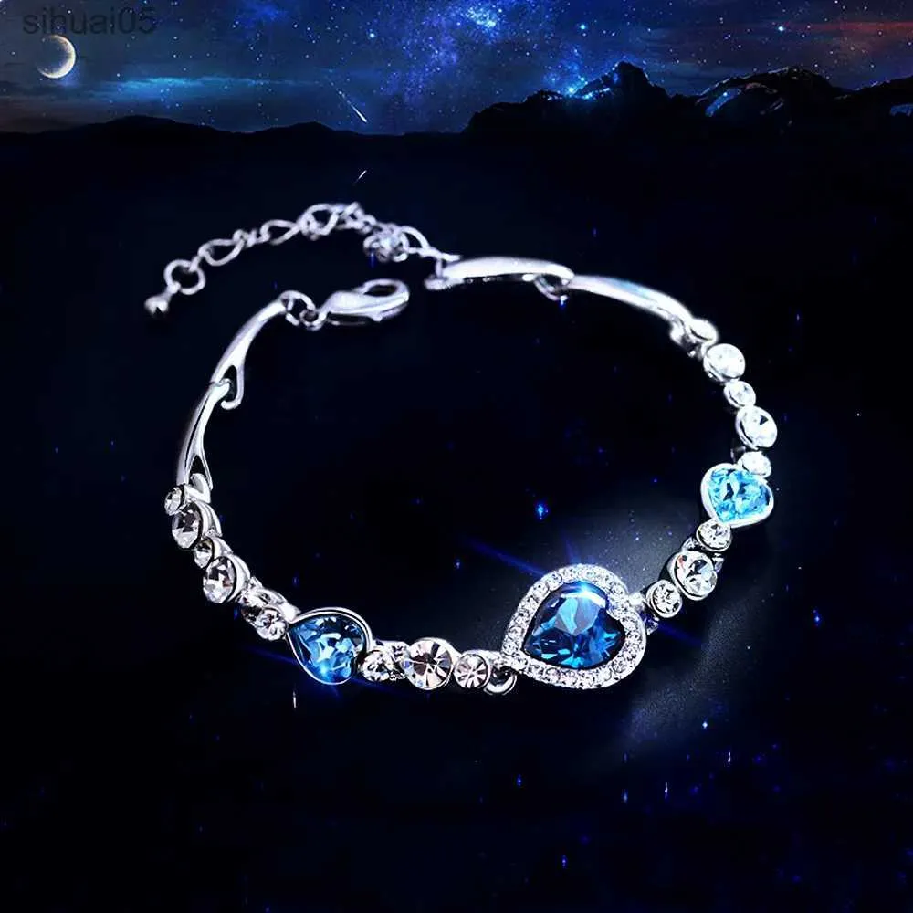 Beaded Fashion Heart of the Ocean Sea Crystal Armband Classic Blue Rhinestone Heart Charms Bangles Armband Women SMYCHITS Gifts YQ240226