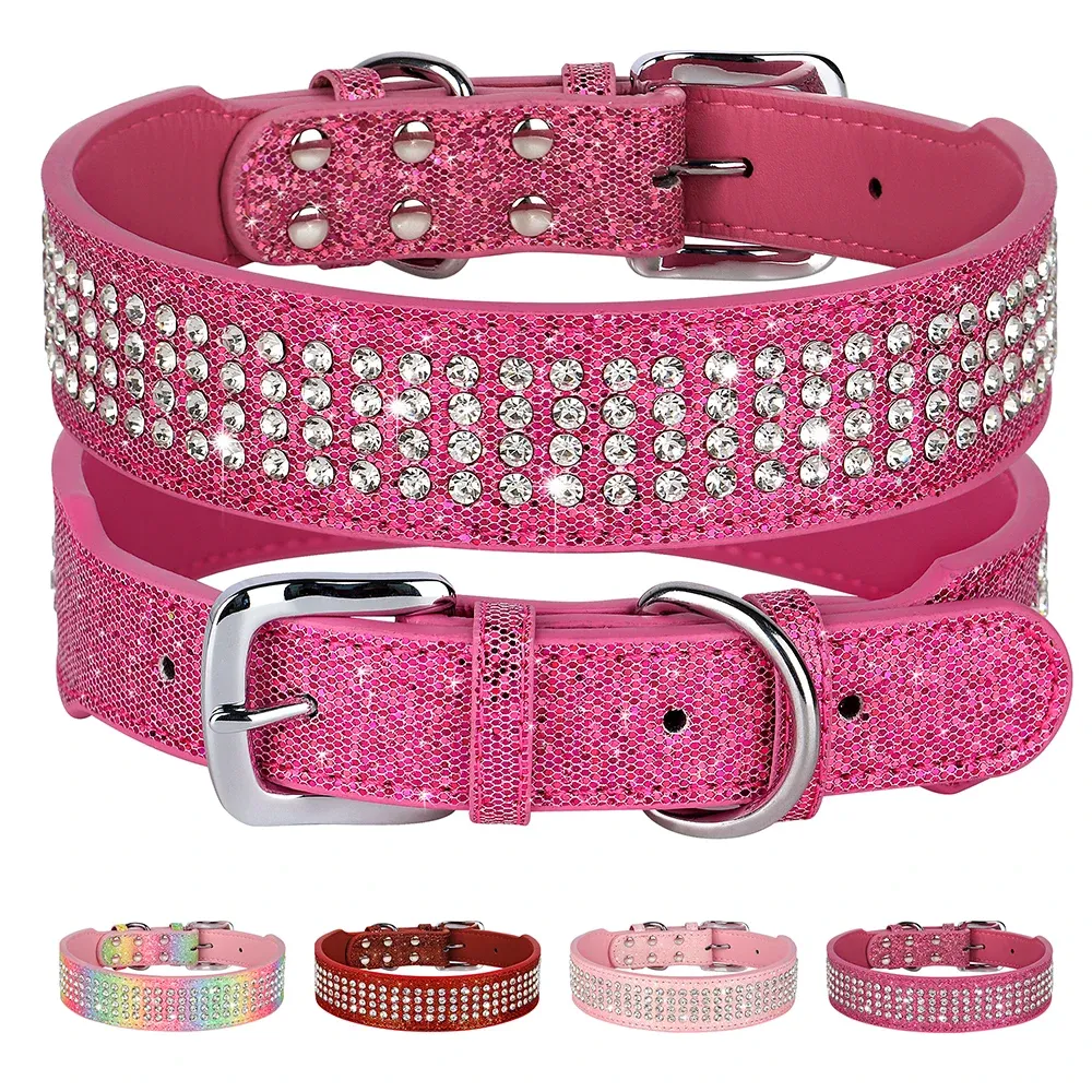 Krage rhinestone läder hund krage bling crystal bred husdjur krage 4 rad full diamant hund krage för små medelstora hundar pitbull