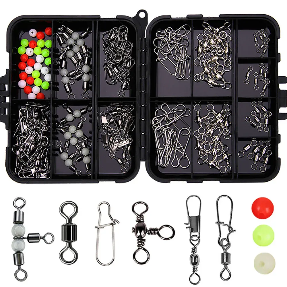 Verktyg 140st Fishing Swivels Kit Accessories Tackle Box Set Rolling Barrel Swivel Snap 3 Way Swivel High Strength Line Connector