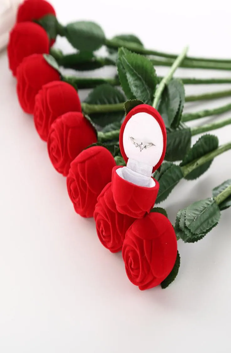 Mode Rose med filial vigselring örhänge hängsmycken display presentförpackning röd sammet box magi props6489696
