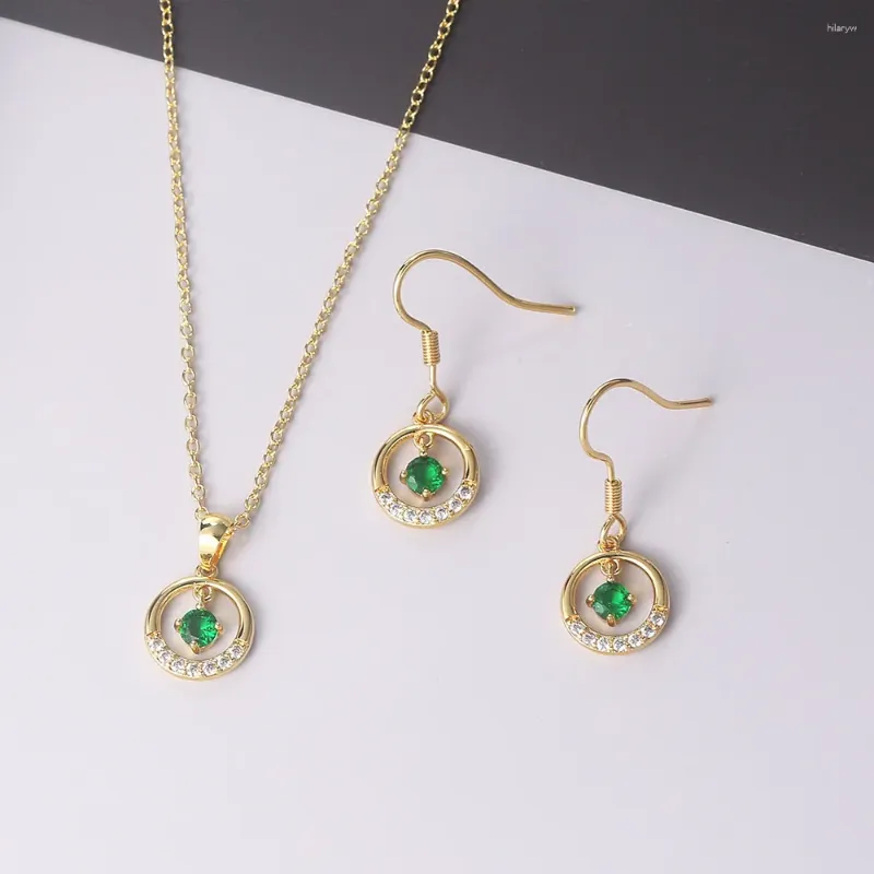 Necklace Earrings Set For Women Retro Hollow Micro-inlaid Green Zircon Rose Gold Color Bride Jewellry S525