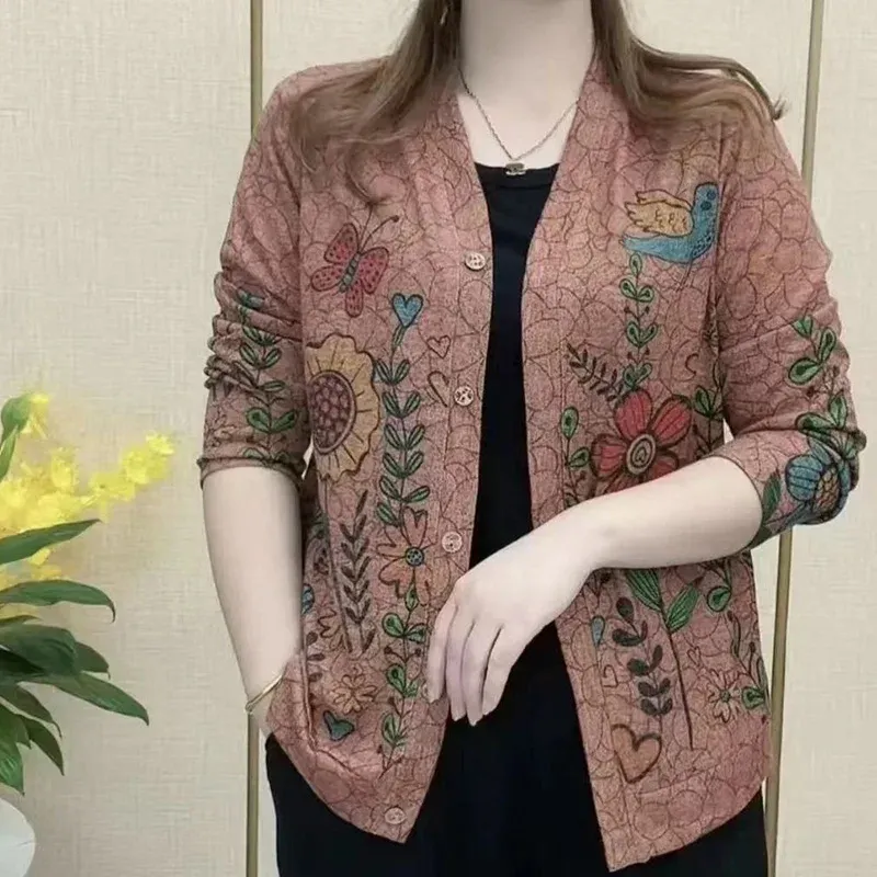 Cardigans vintage tryckt knapp stickad asymmetrisk cardigan tröja kvinnokläder 2023 Autumn New Casual Tops Löst pendlingrock