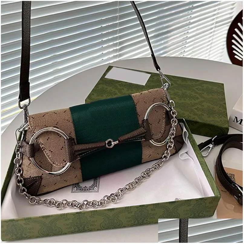 Evening Bags Horsebit Chain Shoder Bag Hobos Underarm Package Removable Strap Canvas Handbags Purse Red Green Ribbon Middle Ancient Dhnpo