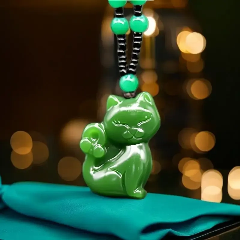 Ожерелья с подвеской в виде зеленого нефритового кота, очаровательные ювелирные изделия, китайский амулет из жадеита, женские резные модные подарки из натуральных рук для мужчин