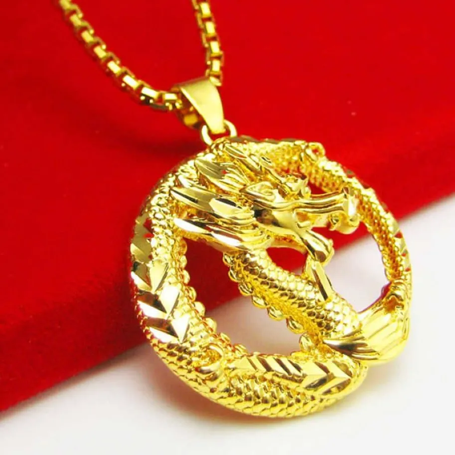 Pendentif Dragon plaqué 24 K exquis pour hommes et femmes, 11 qualité, fait à la main dans une boutique en or de Hong Kong, collier X0707275f