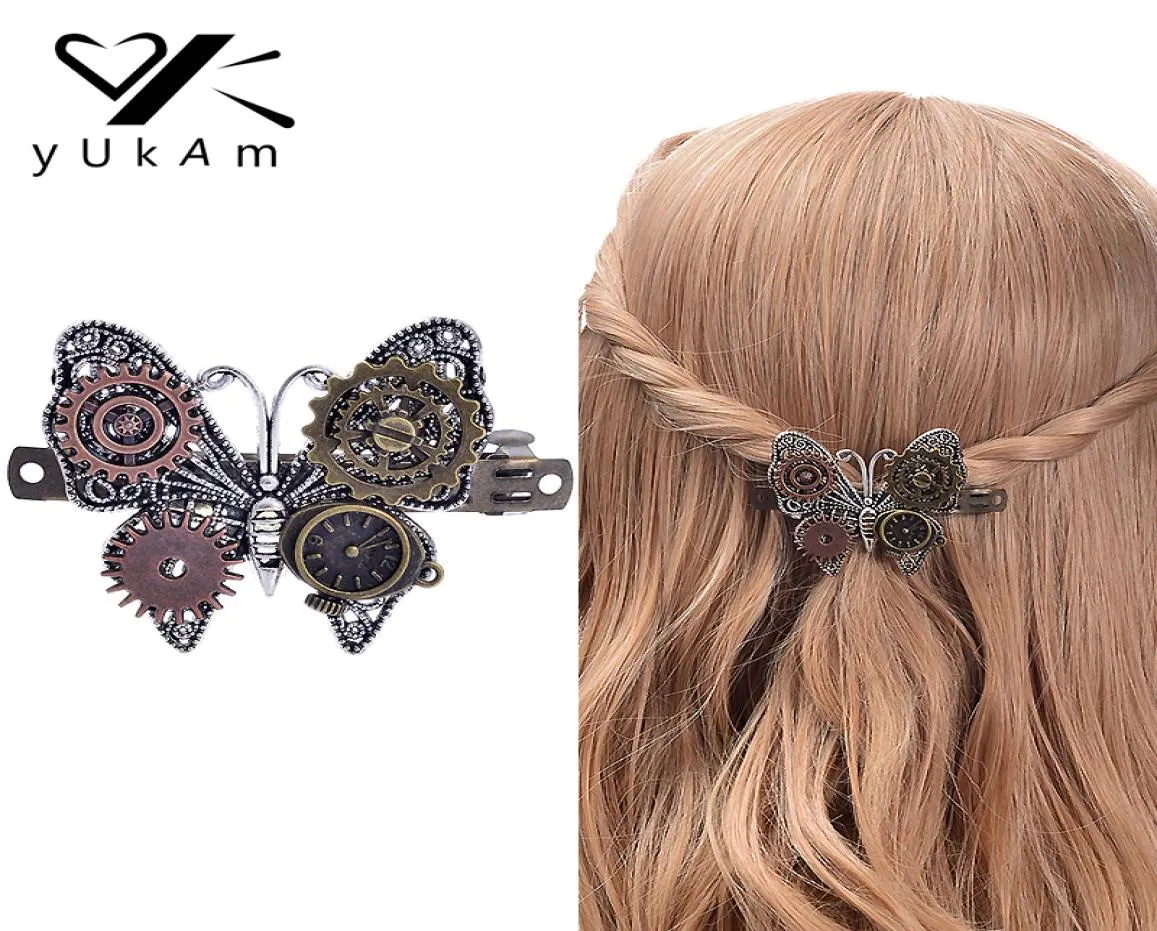 YUKAM Steampunk-Haarschmuck, Vintage-Stil, handgefertigt, Metall-Haarspangen, Haarklammern, Haarspangen, Zahnrad, Schmetterlingsuhr, Dekoration für Frauen, S6070309