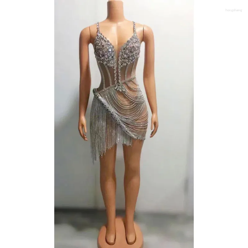 Stage Wear Women Sexy Sparkly Chain Rhinestones Mesh See Through Short Dress Celebrate Birthday Wedding Evening Party Pography