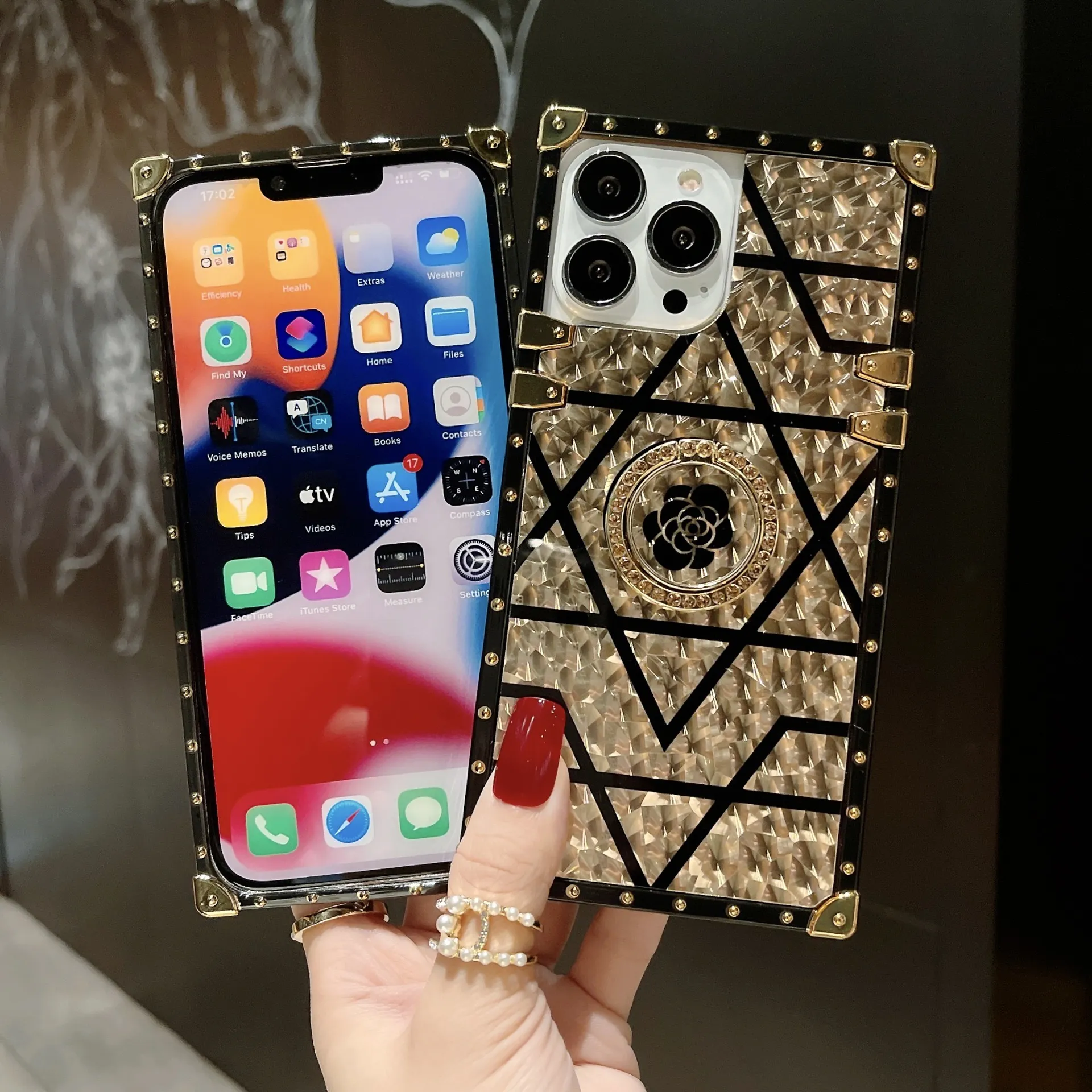 Luksusowy błyszcząca obudowa telefoniczna na iPhone'a 15 14 13 11 11 Pro Max plus metalowy pierścień Kickstand Prostokątna Blingbling Girl Lady iPhone