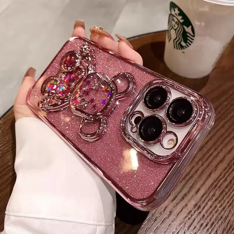 Lindo oso suave TPU Quicksand caso para iPhone 11 12 13 14 15 Pro Max 15Plus iPhone15 Glitter Powder BlingBling Girl Lady Fundas para iPhone15