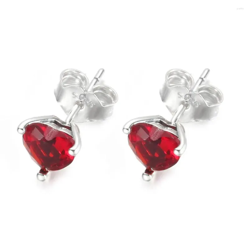 Stud Earrings Red Crystal Heart Studs For Women Clear CZ Lady Jewelry Authentic S925 Silver Earring